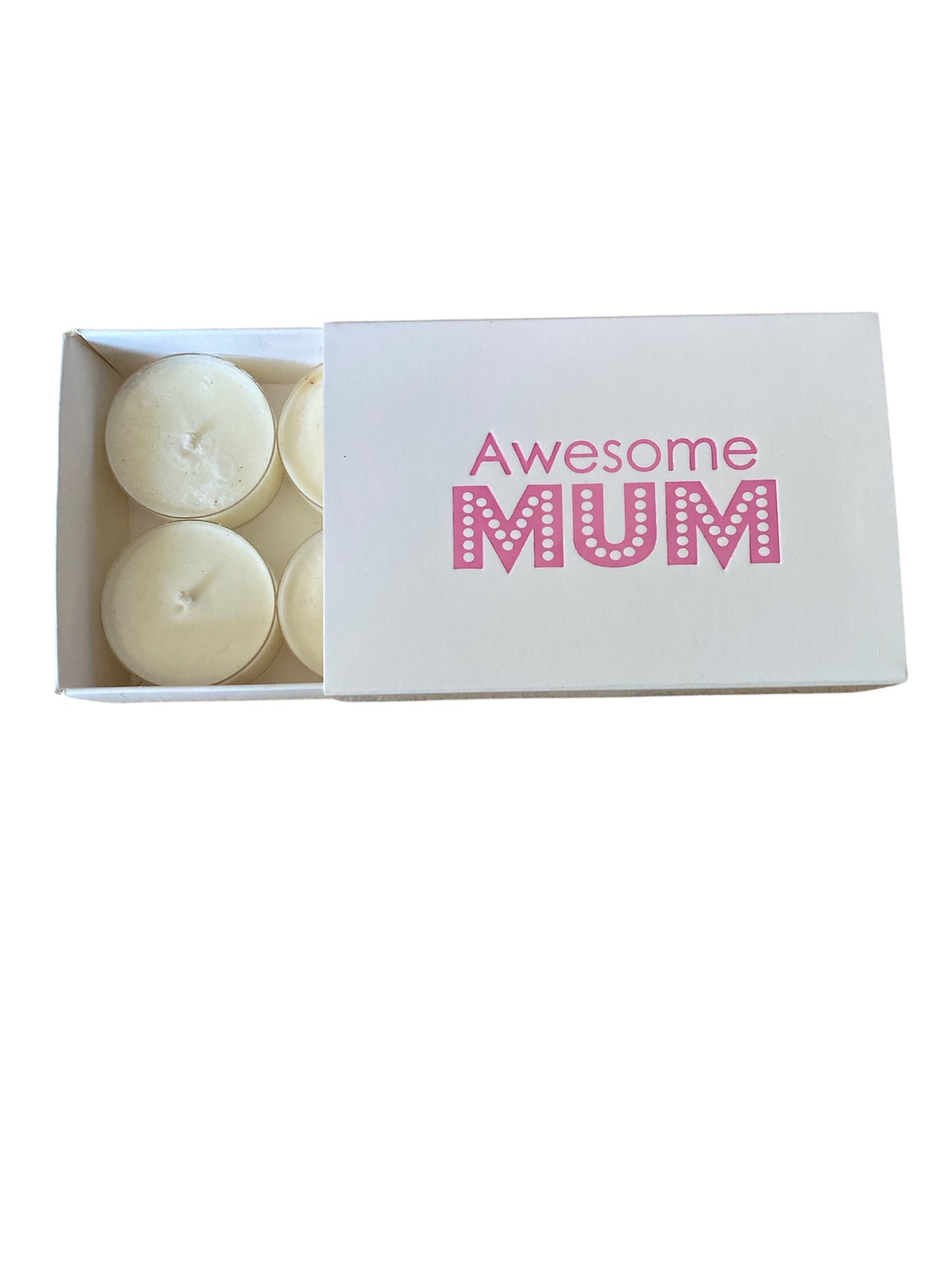 TEALIGHT CANDLE BOX WITH SLEEVE AWESOME MUM for 6 Tealights - WHITE (Pack of 10)