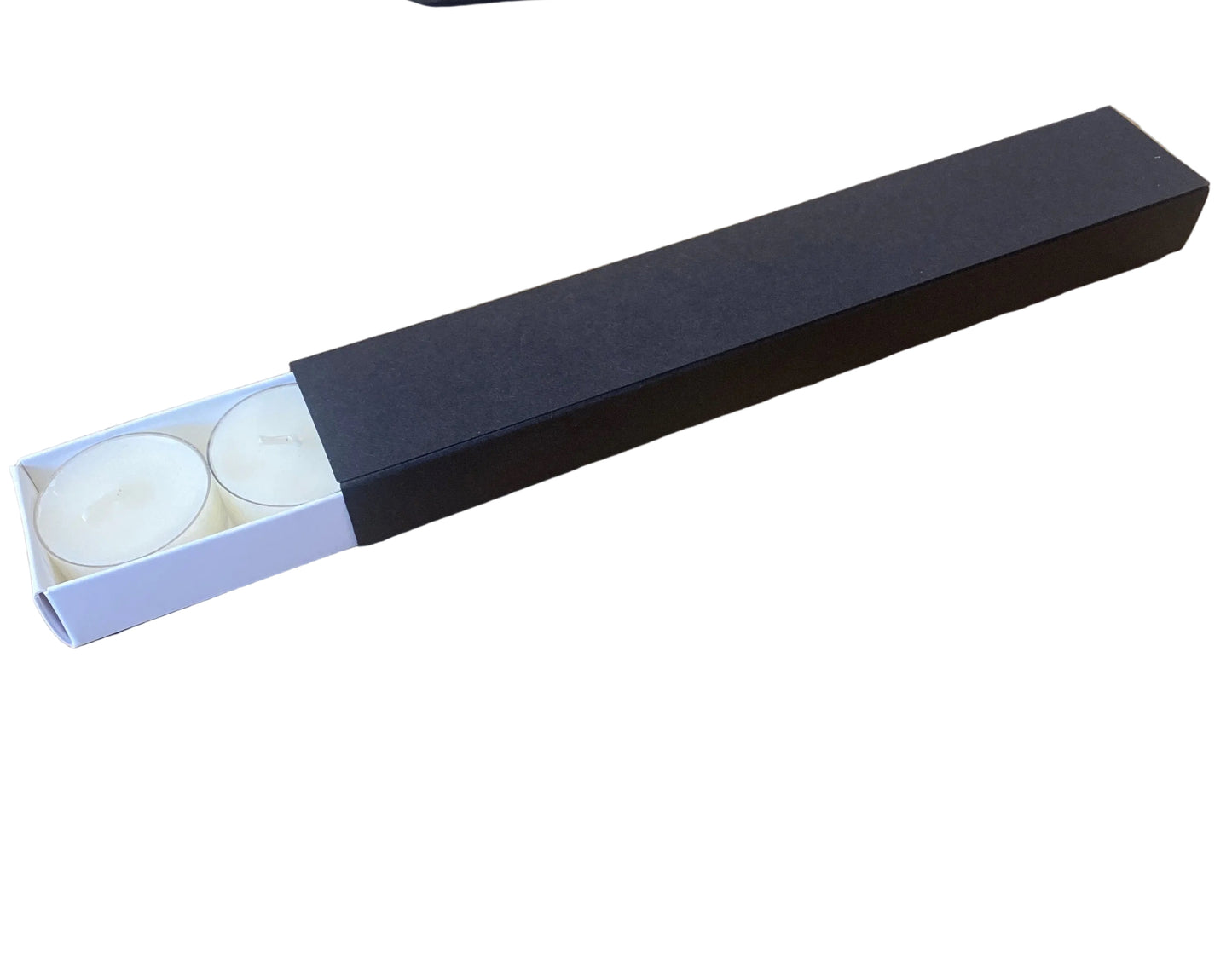 TEALIGHT CANDLE BOX WITH BlACK SLEEVE/WHITE BASE 6 Tealights- LONG (Pack of 10)